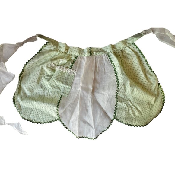 Vintage Green Polka Dot Apron Lace Pocket Scalloped Edges White Silk Organza - Picture 1 of 10